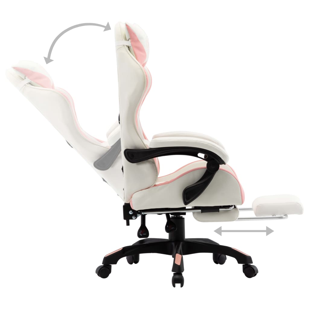 Gamestoel – Gaming Stoel – Game Stoel – Gaming Chair – Racestoel – Verstelbare Rugleuning – Opklapbare Voetensteun Roze/Wit – Kunstleer & Metaal