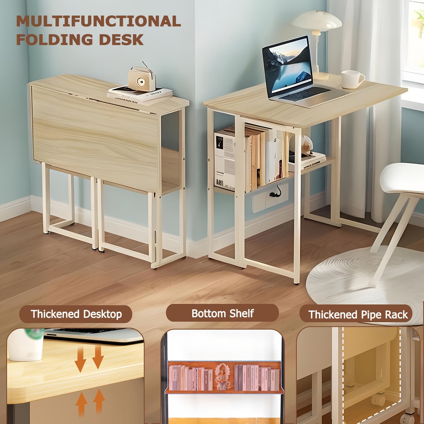 Mobiel Vouwbureau – Compact Bureau – Klein Tafel – Opvouwbare Werktafel – Verplaatsbaar Bureau – Eiken Kleur – 80 cm Breed – Met Wieltjes En Vaste Poot