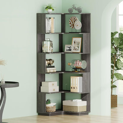 Hoekboekenkast – Hoekrek – Boekenplank – Opbergkast – Displaykast – 6 Vakken – Anti-Drop Panel – Modern Donkergrijs – Industrieel Design – 165 cm Hoog