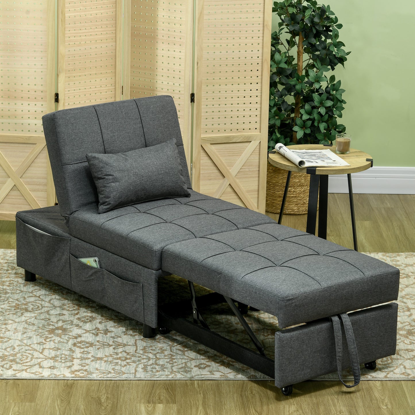 3-in-1 Stoel – Slaapstoel – Fauteuil – Chaise Longue – Grijs – Verstelbare Rugleuning – Handige Zijvakjes
