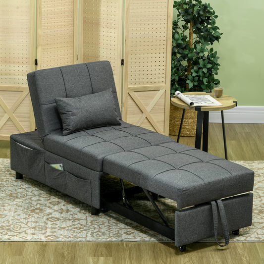 3-in-1 Stoel – Slaapstoel – Fauteuil – Chaise Longue – Grijs – Verstelbare Rugleuning – Handige Zijvakjes