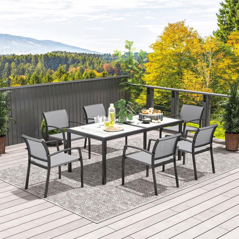 7-Teiliges Ess-Set, 6 Stühle, 1 Tisch, Stapelbar, Leicht Zu Reinigen, Stahlrahmen, Gartenmöbel-Set, Grau, Garten-Bistro-Esstisch Und Stühle, Langlebig Und Leicht Zu Reinigen