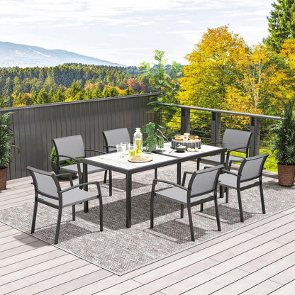 7-Teiliges Ess-Set, 6 Stühle, 1 Tisch, Stapelbar, Leicht Zu Reinigen, Stahlrahmen, Gartenmöbel-Set, Grau, Garten-Bistro-Esstisch Und Stühle, Langlebig Und Leicht Zu Reinigen