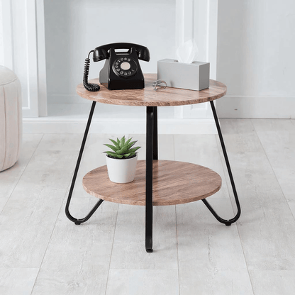 Telefoon tafel – Bijzettafel – Side table – Salontafel – Opbergtafel – Modern ontwerp – Zwart metalen frame – 46x46x45 cm – Bruin MDF oppervlak