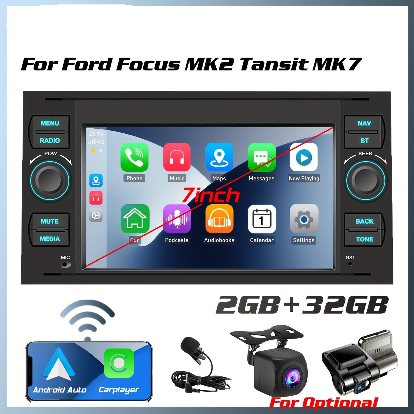 Autostereo – Car Radio – Autoradio – Multimedia Autoradio – Android 14 Stereosysteem – 7 Inch Touchscreen – Draadloze CarPlay & Android Auto – GPS Navigatie – Dual Camera Support – Voor Ford Modellen – Inclusief Microfoon en Installatietools