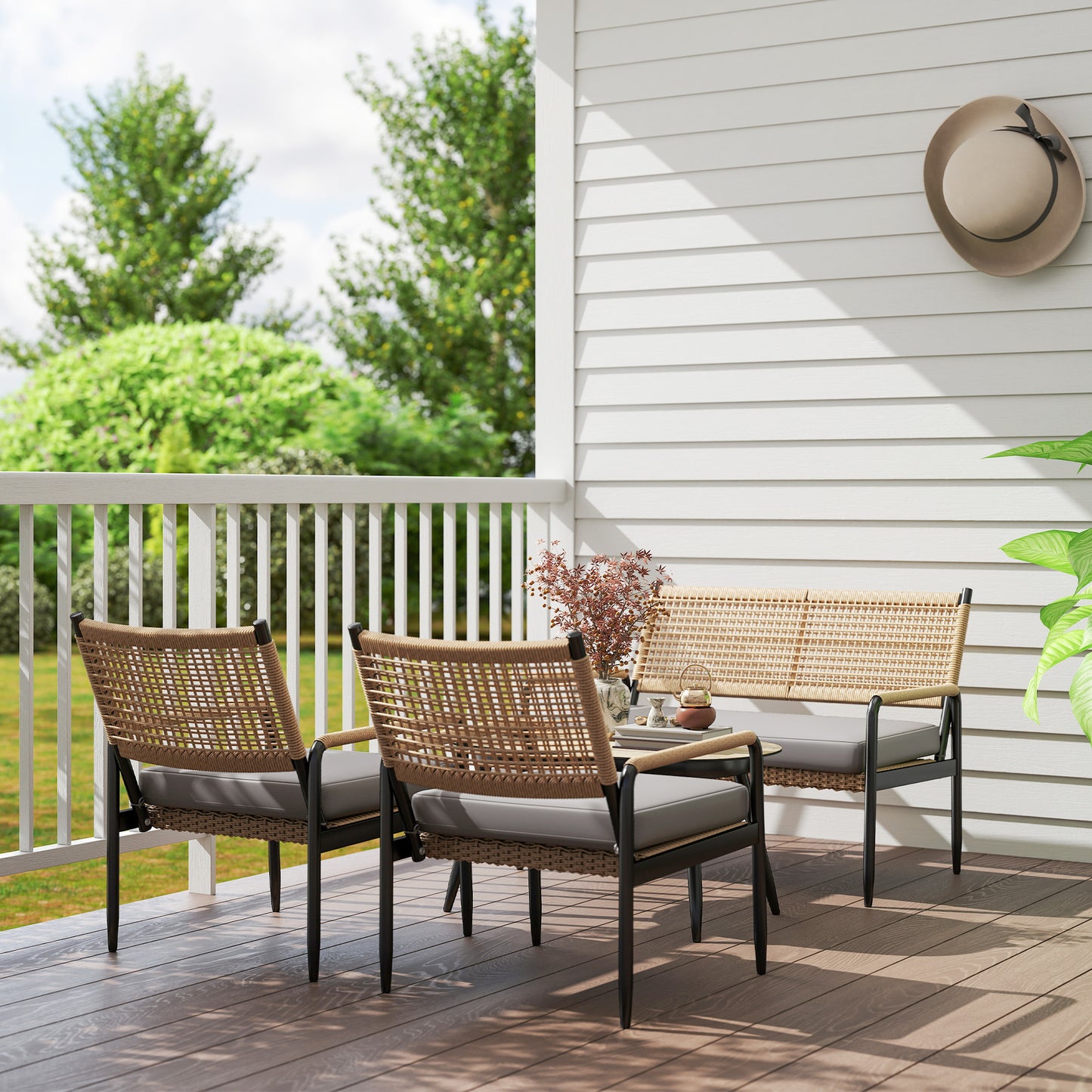 Poly Rattan Loungeset – Tuinmeubelset – Loungehoek – Buitenmeubel – Terrasmeubilair – Weerbestendig & UV-bestendig – Compleet 4-persoons Donkergrijs met Gele Accenten
