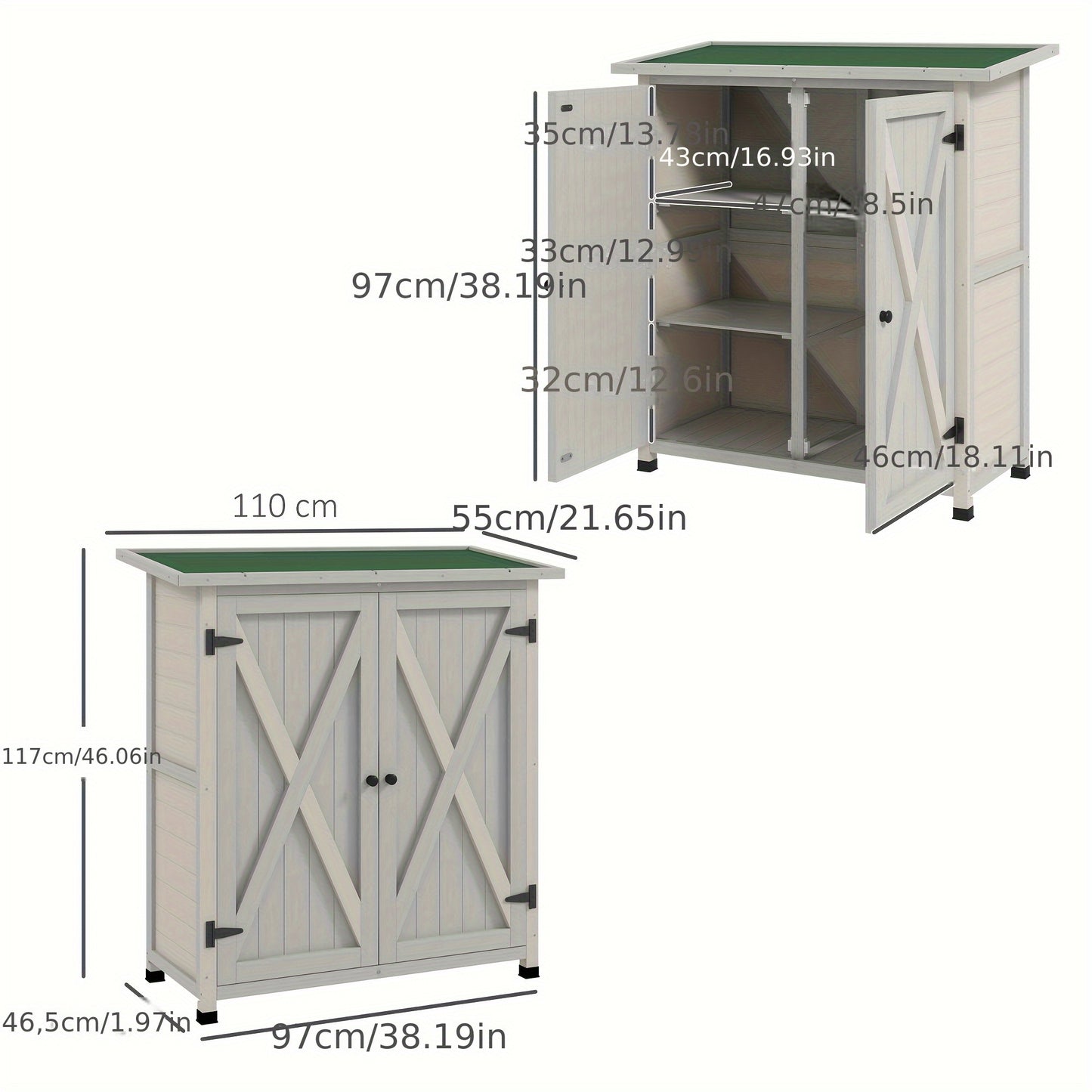 Tuinkast – Tuinberging – Tuinschuur – Opbergkast – Buitenbox – Weerbestendig Houten Design – 110x55x117 cm – Bitumen Dak – Lichtgrijs