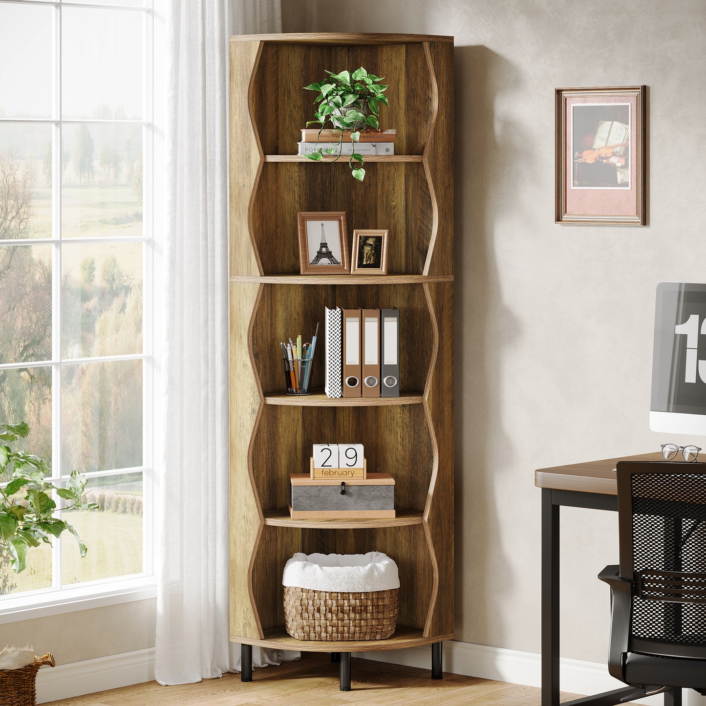 Hoekrek – Hoekkast – Boekenkast – Opbergrek – Vakkenkast – 71,5 Inch Hoog – Robuust Houten 5-Lagen Plank