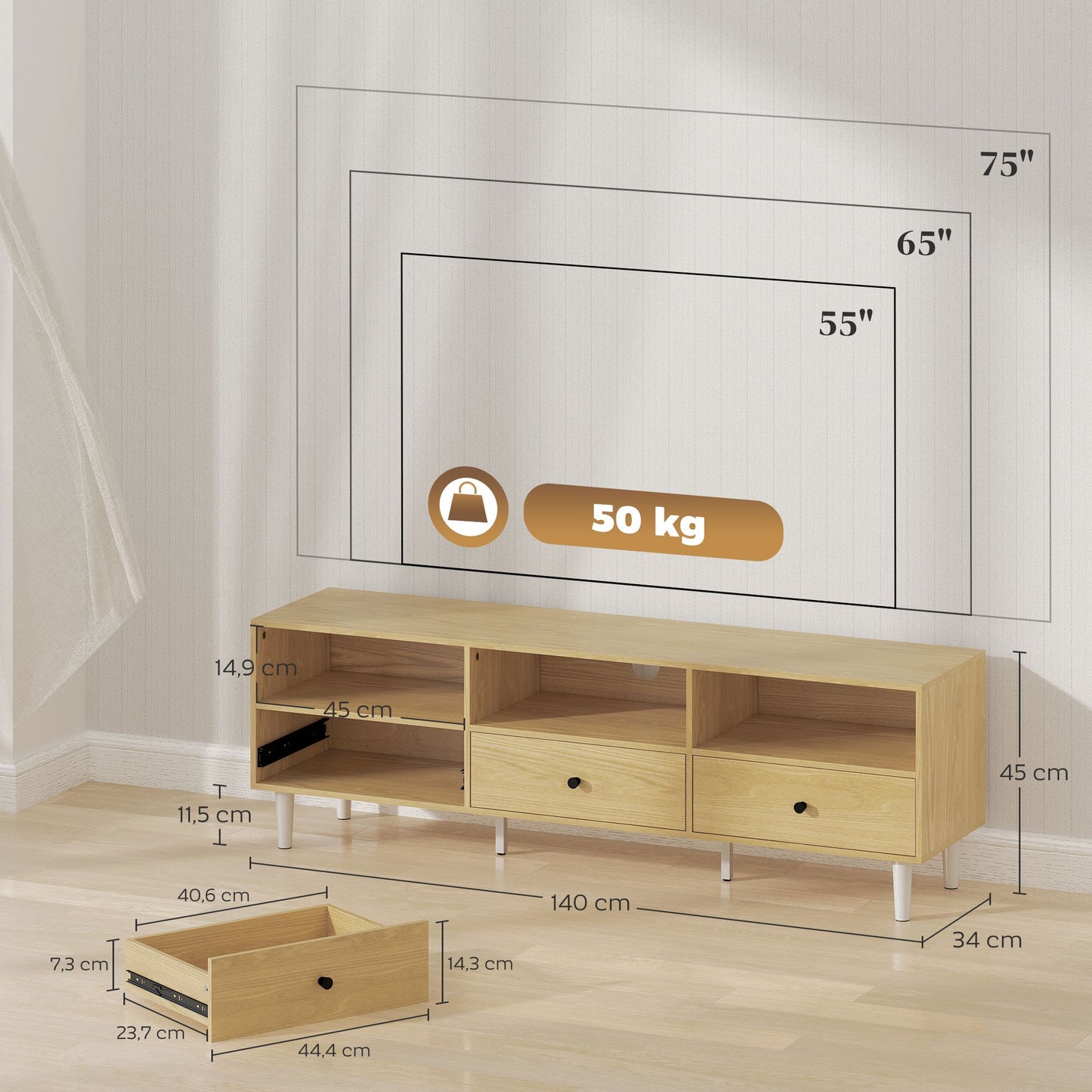 Tv-meubel – Televisiekast – Mediameubel – TV Kast – TV Dressoir – Houtlook Spaanplaat – 140x34x45 cm – Kabelbeheer – 3 Laden & 3 Open Vakken