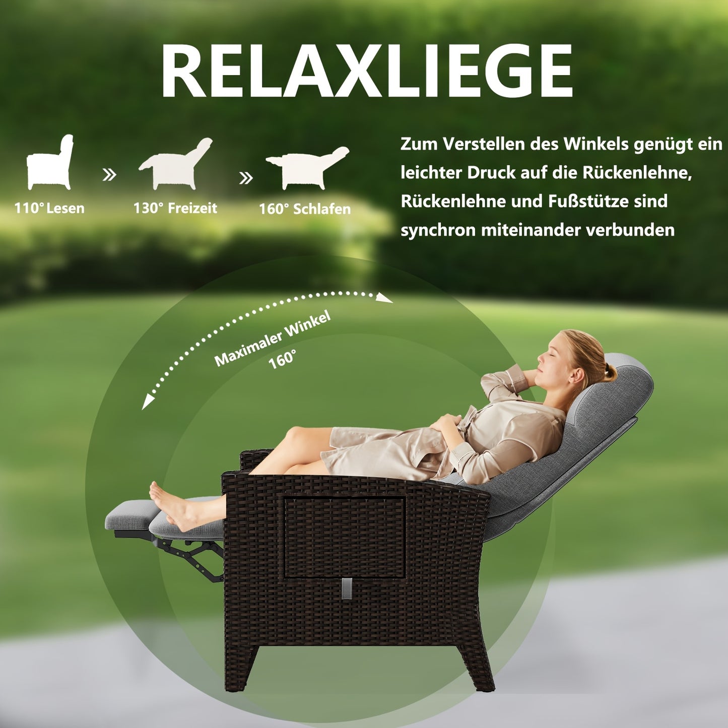 Rattan Loungebank – Tuinbank – Loungestoel – Buitenzithoek – Rattan Sofa – Diepgrijs – Verstelbare Rugleuning 160° – Extra Groot Met Bijzettafel