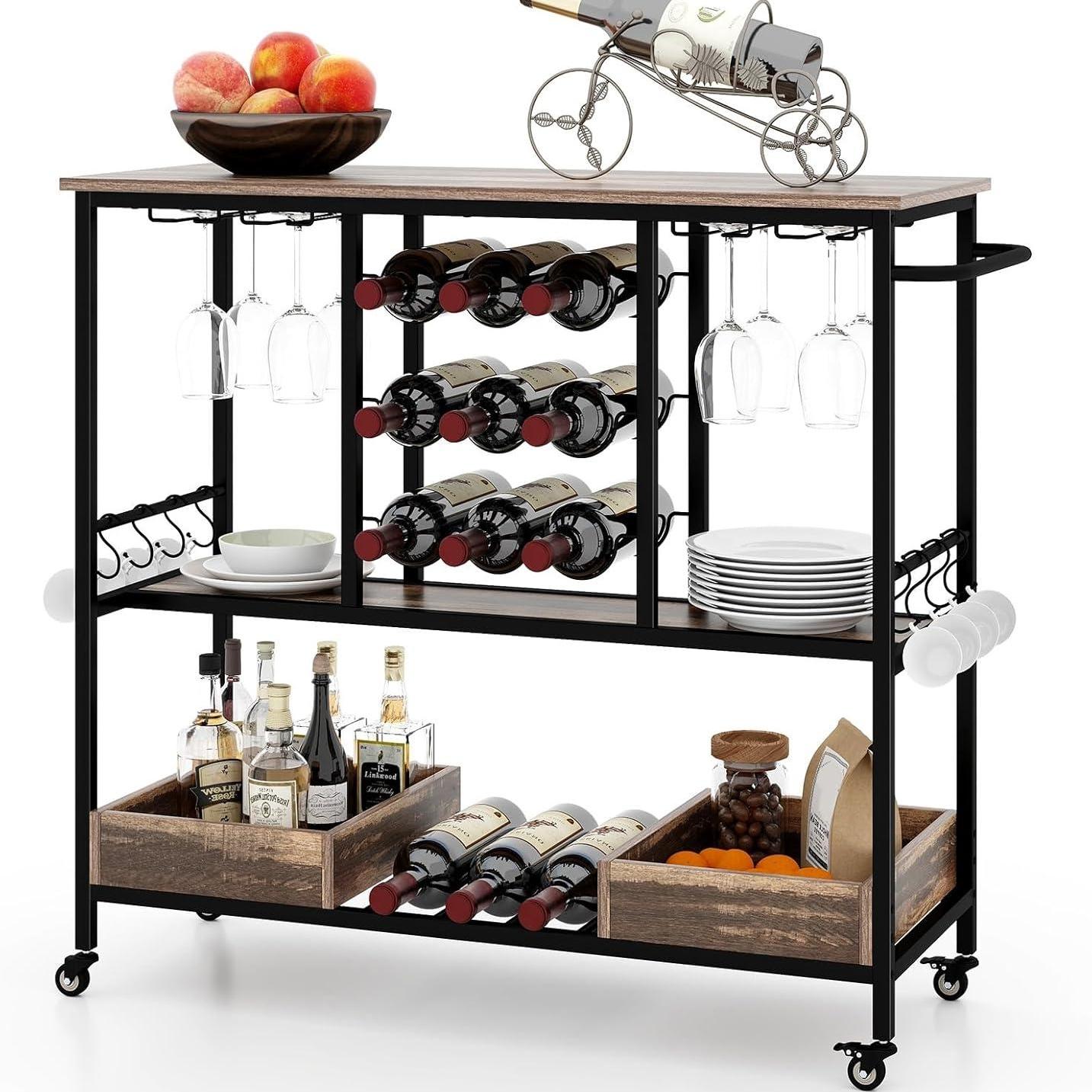 Barwagen – Serveerwagen – Drinkwagen – Wijnkar – Trolley – Industrieel Vintage Bruin – 3-laags Met 8 Glazenhouders – 9 Fleshouders