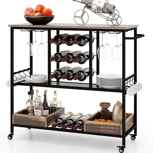 Barwagen – Serveerwagen – Drinkwagen – Wijnkar – Trolley – Industrieel Vintage Bruin – 3-laags Met 8 Glazenhouders – 9 Fleshouders