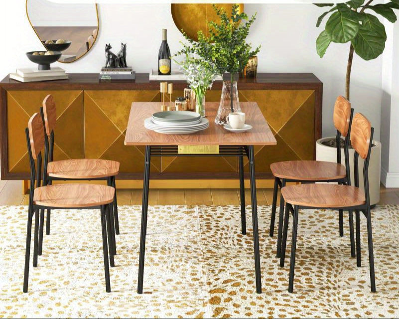 Eettafelset – Eettafel – Eetkamerset – Keukentafel – Tafelgroep – Lichtbruin Houten Tafelblad – Zwart Metalen Frame met Opbergrek