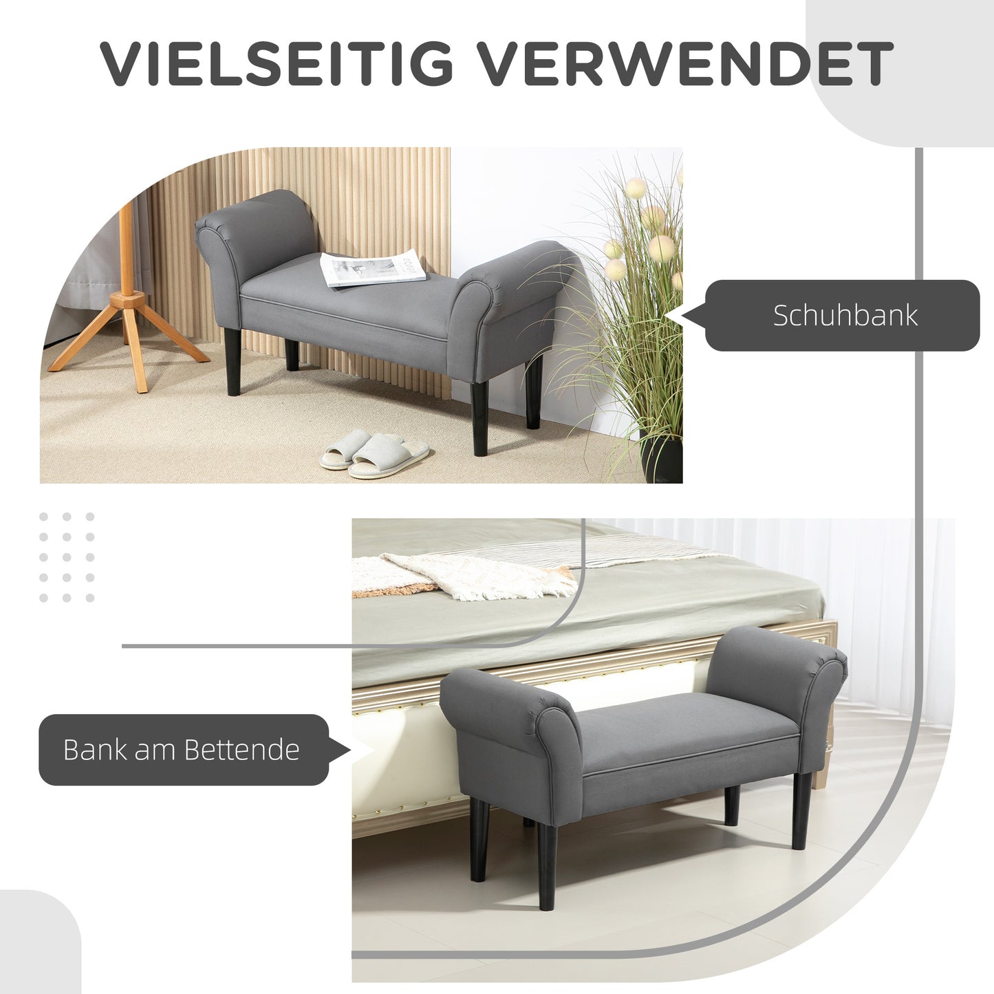 Bank – Zitbank – Bedbank – Hocker – Poef – Donkergrijs – Zachte Bekleding – Compacte Afmetingen 102x36x51 cm