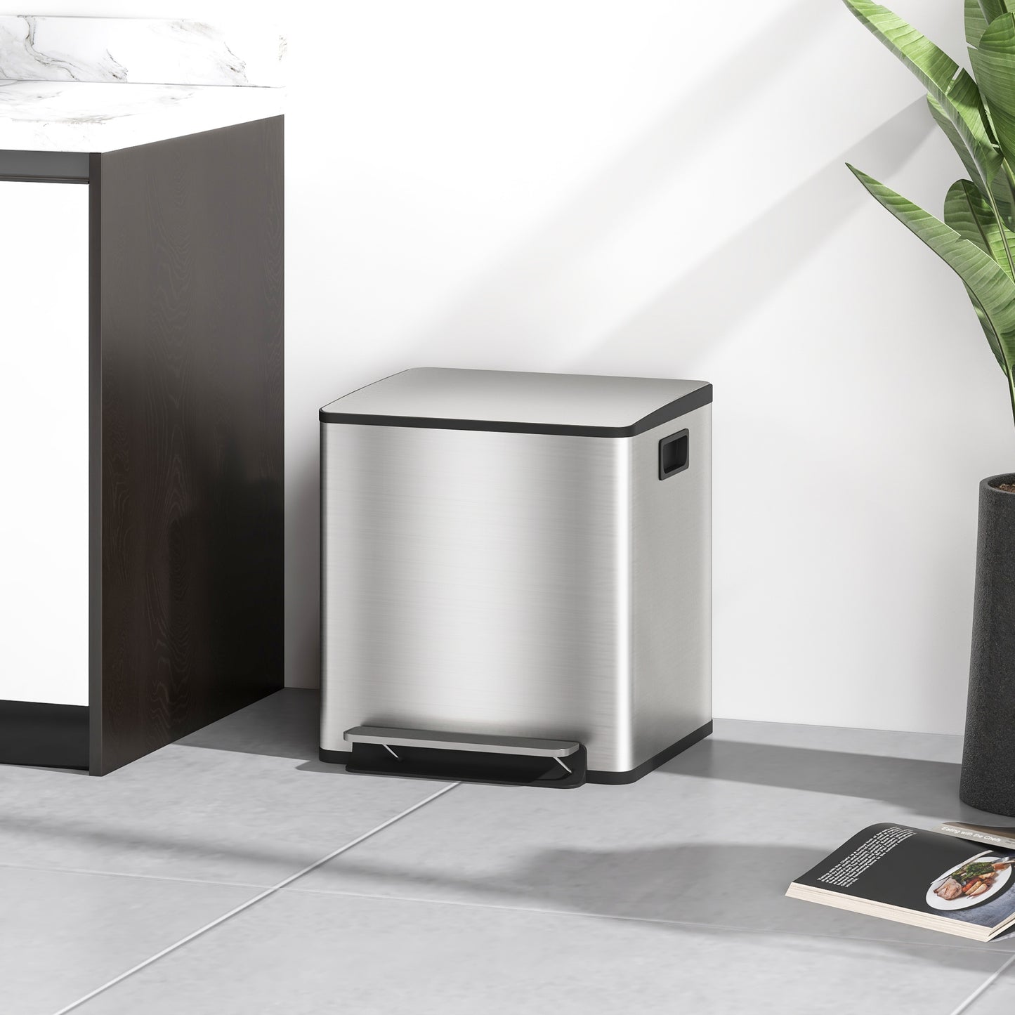 2 x 15L HOMCOM Kitchen Trash Can with Pedal, 2 Compartments, Stainless Steel with Soft Close Lid, Removable Buckets 41.8L x 36.7W x 44H cm Silver