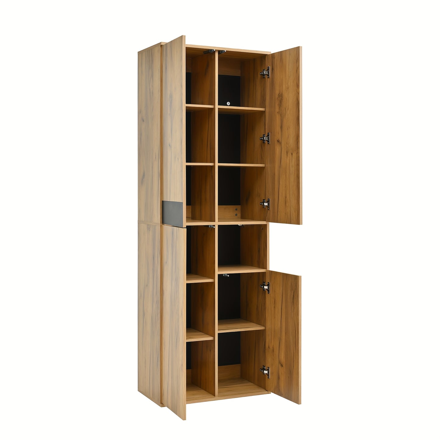 Moderne Hoge Kledingkast – Garderobekast – Opbergkast – Dressoirkast – Kastenmeubel – Met Spiegel – Vrijstaand – 4 Deuren + Open Plank – Natuurlijk Hout Met Zwarte Accenten – Ruime Opbergruimte – Vloermontage Zonder Elektriciteit