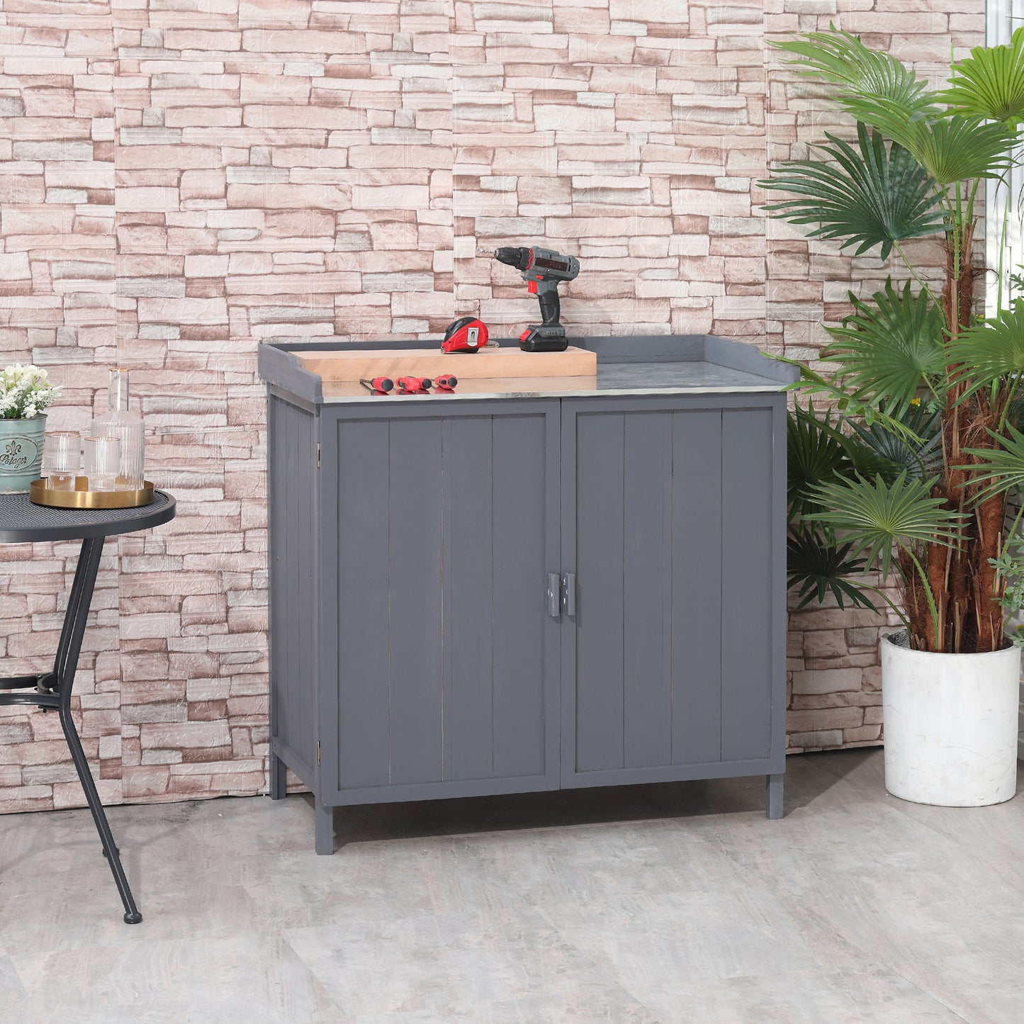 Tuinkast – Opbergkast – Werktafel – Balkonkast – Tuinmeubel – Compact Design – Metalen Werkblad