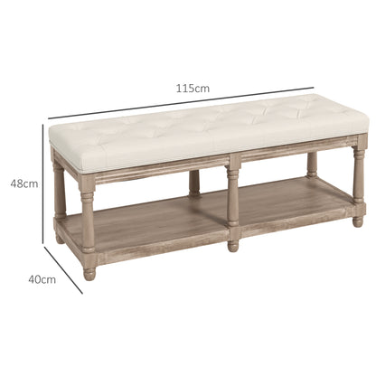 Schoenenbankje – Schoenenrek – Opbergbankje – Zitbankje – Halmeubel – Beige Linnen Bekleding – Massief Rubberhout – Comfortabel Zitten – 2-laags Opbergruimte 115 cm