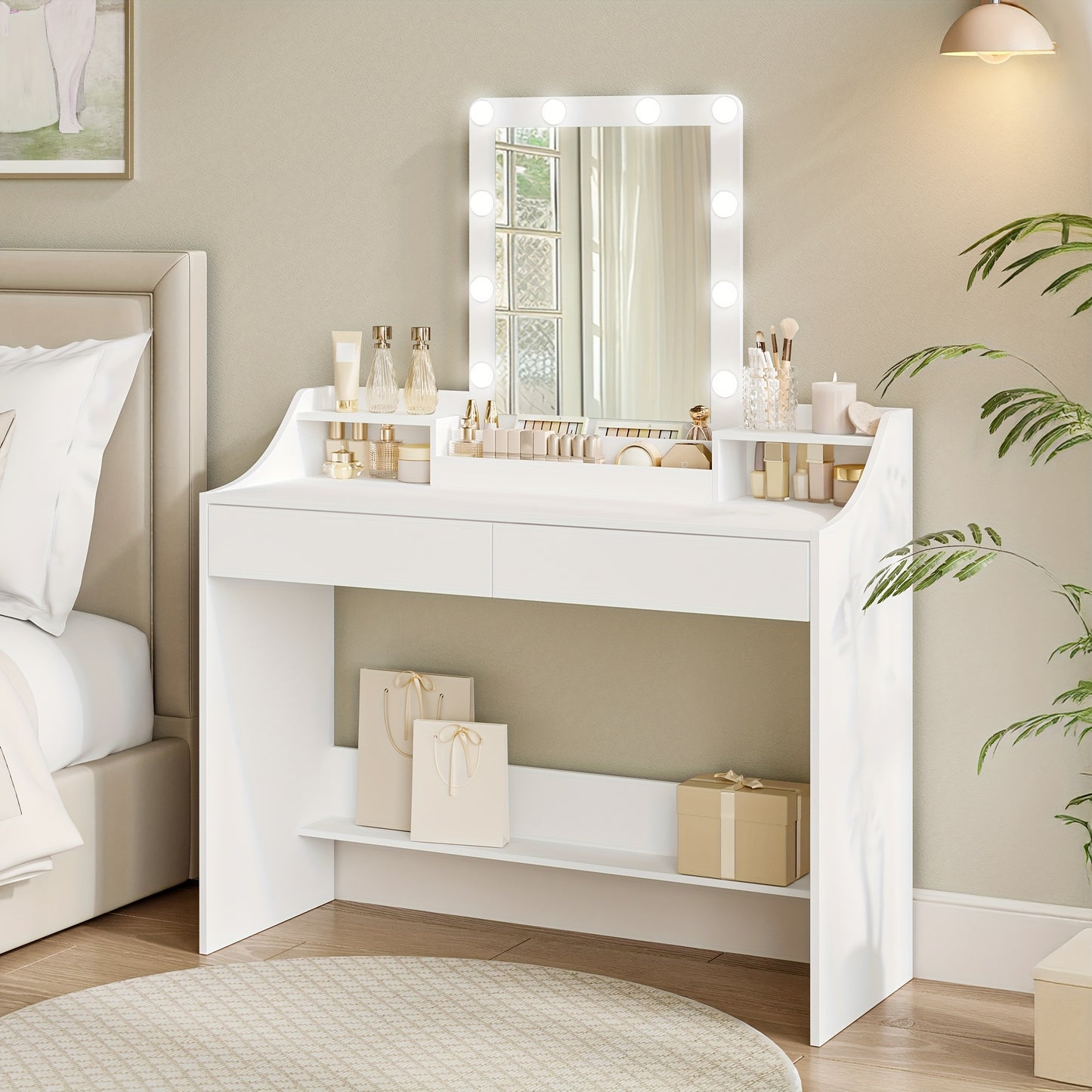 Toilettafel – Kaptafel – Make-up Tafel – Schminktisch – Meisjestafel – LED Verlichting – Verstelbare Helderheid – 108 cm – Wit – 2 Lades – 3 Open Vakken