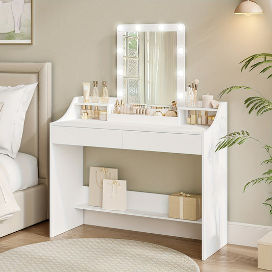 Toilettafel – Kaptafel – Make-up Tafel – Schminktisch – Meisjestafel – LED Verlichting – Verstelbare Helderheid – 108 cm – Wit – 2 Lades – 3 Open Vakken