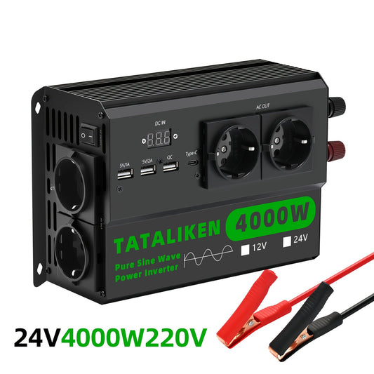 Omvormer – Spanningsomvormer – Inverter – Stroomomvormer – 4000W Vermogen – Pure Sinusgolf – 3 USB + 1 Type-C – 4 Europese Stopcontacten – 12V/24V naar 220V