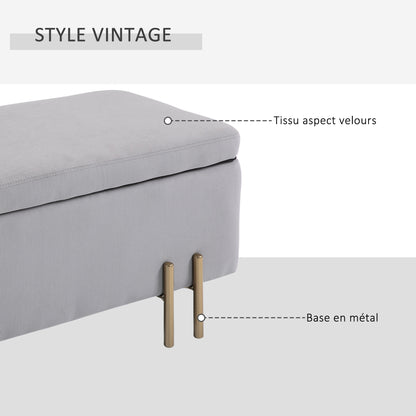 Opbergbank – Zitbank – Halbank – Opbergkist – Opbergbox – Lichtgrijs Fluweel – 100x40x42 cm – Met Ruime Opbergruimte – Gouden Metalen Pootjes