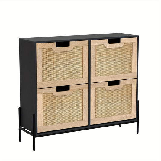 Schoenenkast – Schoenenrek – Schoenenopberger – Schoenenbank – Schoenenkast Met Vleugeldeur – Natuurlijk Rattan & Hout – Vrijstaand & Geen Montage – Vintage Stijl, Ruimtebesparend