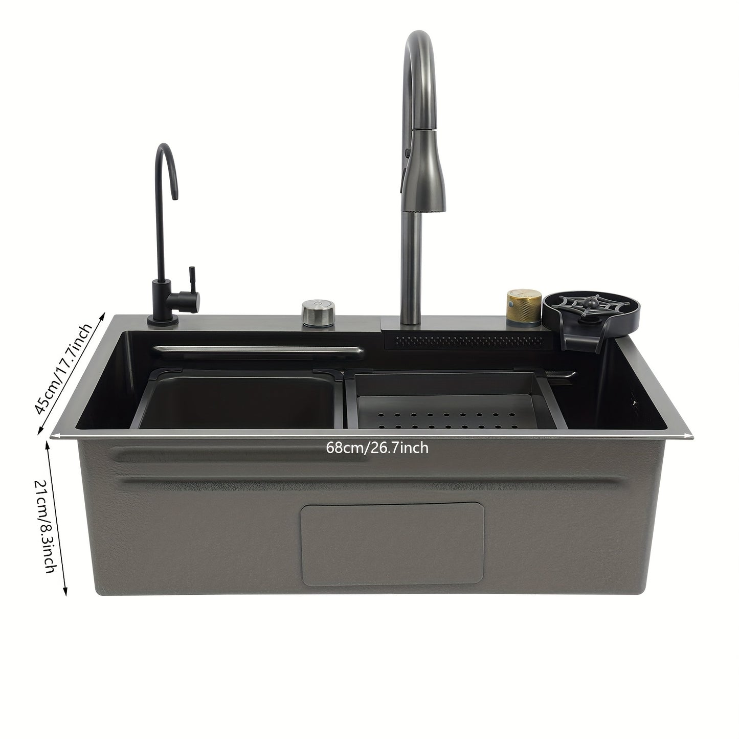 Keukenspoelbak – Enkele Spoelbak – Gootsteen – Wasbak – Spoelbakken – Roestvrij Staal 304 – Uitneembare Kraan – Inclusief Snijplank & Afdruipmand – Afmeting 68x45x21 cm – Donkergrijs