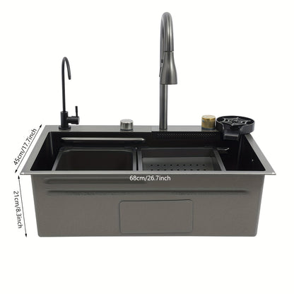 Keukenspoelbak – Enkele Spoelbak – Gootsteen – Wasbak – Spoelbakken – Roestvrij Staal 304 – Uitneembare Kraan – Inclusief Snijplank & Afdruipmand – Afmeting 68x45x21 cm – Donkergrijs