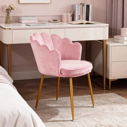 Pink Velvet Dressing and Dining Chair | Petal-shaped Backrest and Armrests with Golden Metal Legs, Suitable for Bedroom, Dining Room, Study - MSFE