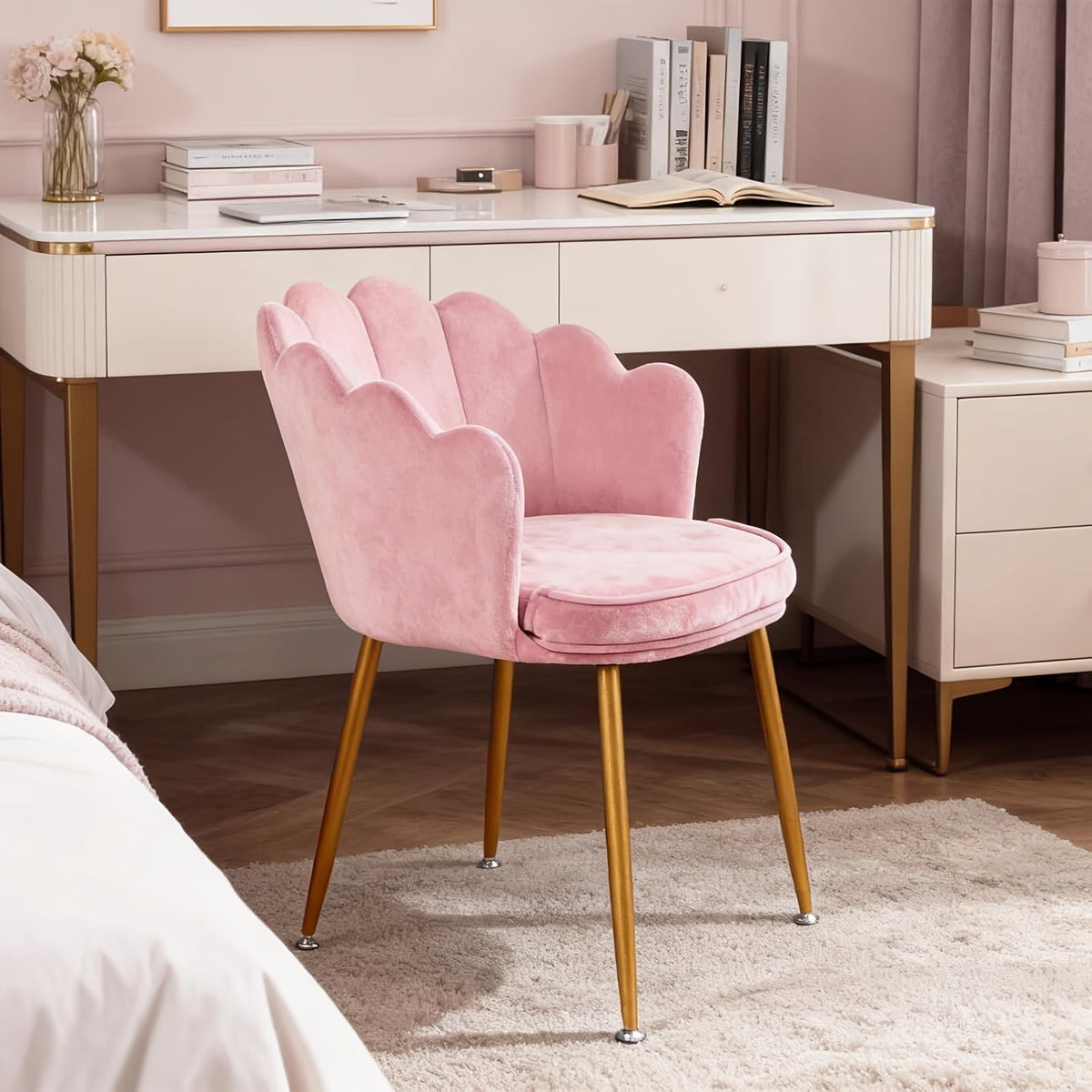 Pink Velvet Dressing and Dining Chair | Petal-shaped Backrest and Armrests with Golden Metal Legs, Suitable for Bedroom, Dining Room, Study - MSFE
