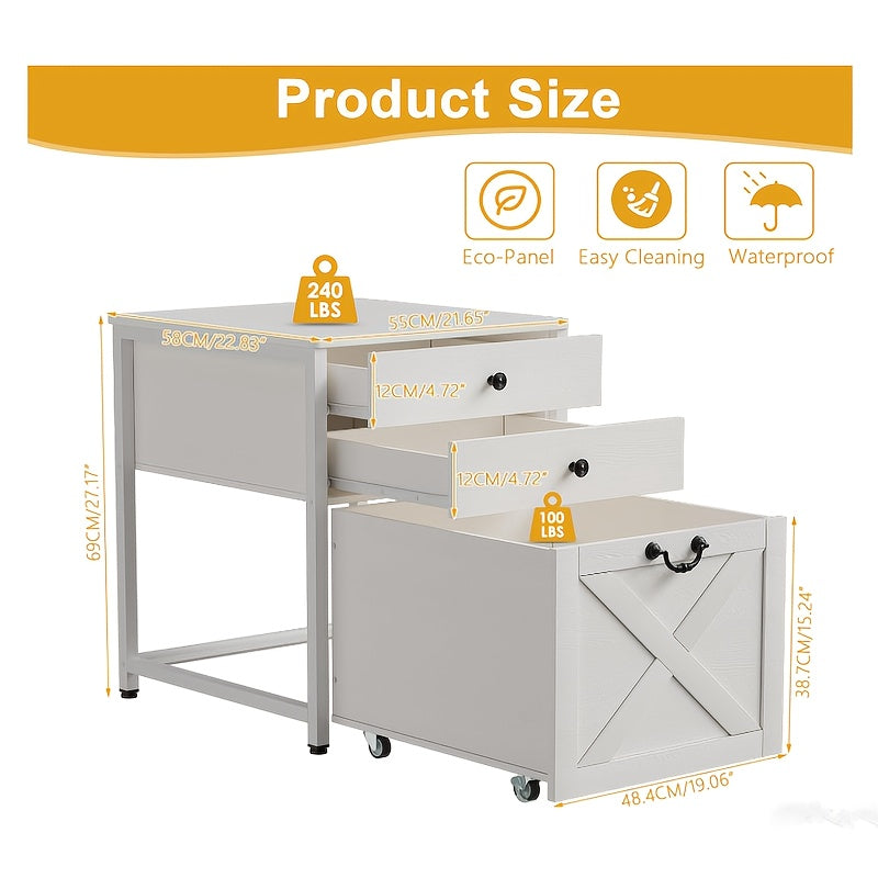 Ladekast – Ladenkast – Commode – Opbergkast – Kast – Mini Ladekast met 2 Lades en Verrijdbaar Kastje – Stevig Tot 110 kg – Compact Wit Design 55x58x69 cm