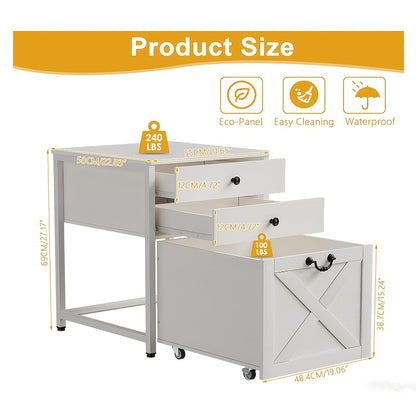Ladekast – Ladenkast – Commode – Opbergkast – Kast – Mini Ladekast met 2 Lades en Verrijdbaar Kastje – Stevig Tot 110 kg – Compact Wit Design 55x58x69 cm
