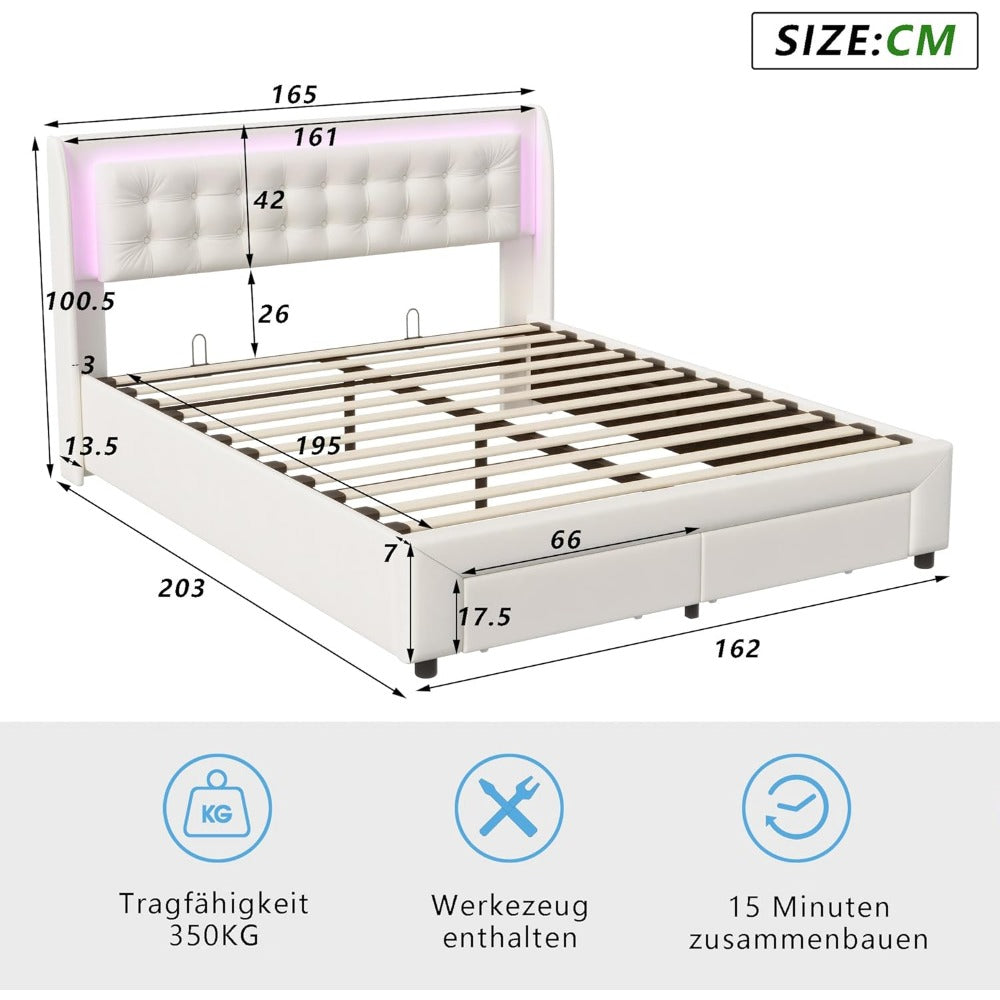Bedframe – Tweepersoonsbed – Gestoffeerd Bed – Opbergbed – Lattenbodem – 160x200 cm – Velvet Bekleding – LED Hoofdbord met USB-aansluiting