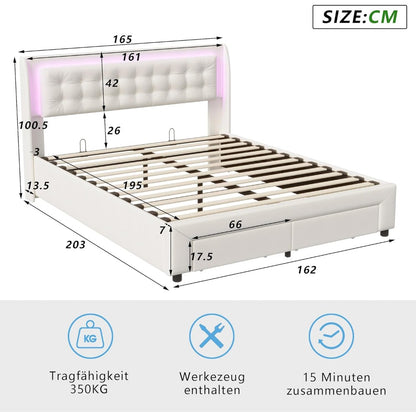 Bedframe – Tweepersoonsbed – Gestoffeerd Bed – Opbergbed – Lattenbodem – 160x200 cm – Velvet Bekleding – LED Hoofdbord met USB-aansluiting