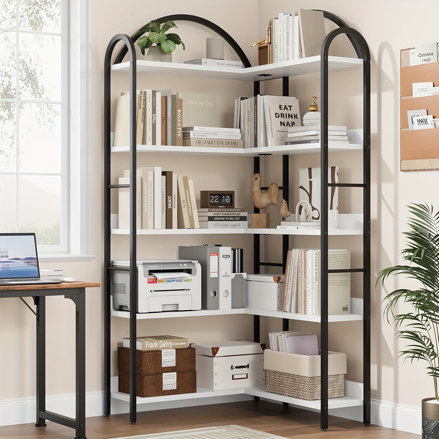 Boekenplank – Boekenrek – Wandplank – Boekenhouder – Boekenkast – Industrieel Metalen Hoekrek – 5-Lagen Boogvormige Planken – Vrijstaand en Stevig A-Frame Design