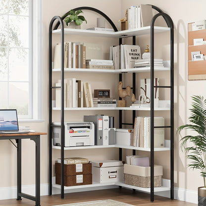 Boekenplank – Boekenrek – Wandplank – Boekenhouder – Boekenkast – Industrieel Metalen Hoekrek – 5-Lagen Boogvormige Planken – Vrijstaand en Stevig A-Frame Design