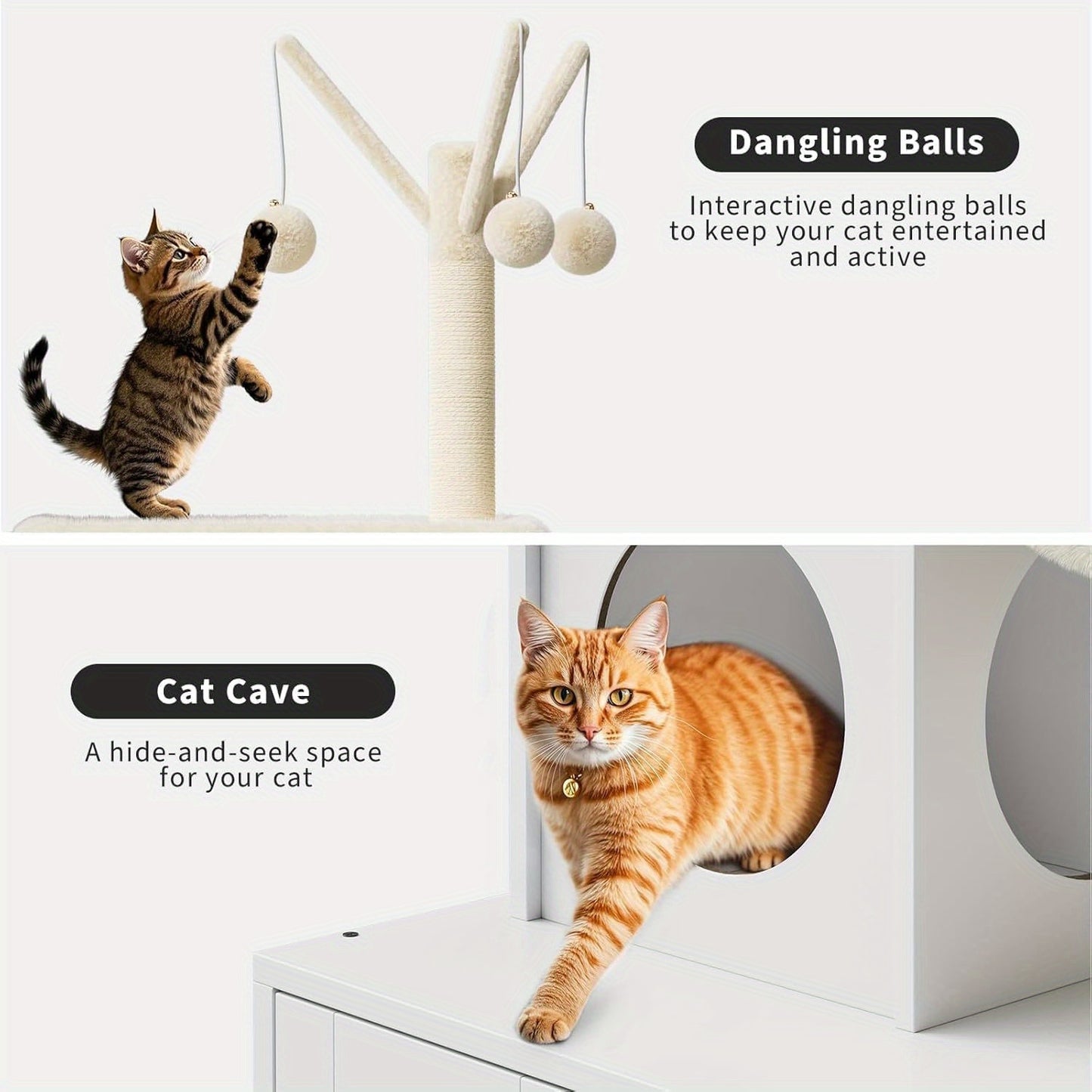 Kattenboom – Krabpaal – Speelhuis – Kattenmeubel – Kattentoren – Wit – Verborgen Kattenbak – Stevige Houten Constructie