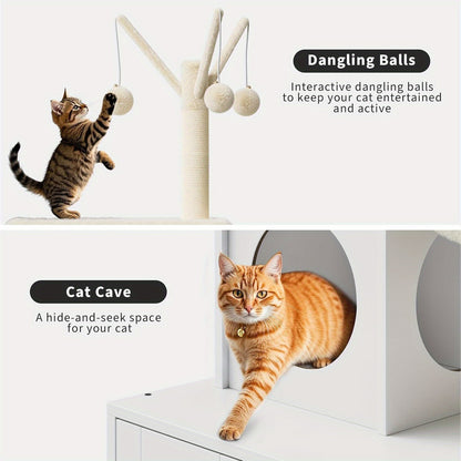Kattenboom – Krabpaal – Speelhuis – Kattenmeubel – Kattentoren – Wit – Verborgen Kattenbak – Stevige Houten Constructie
