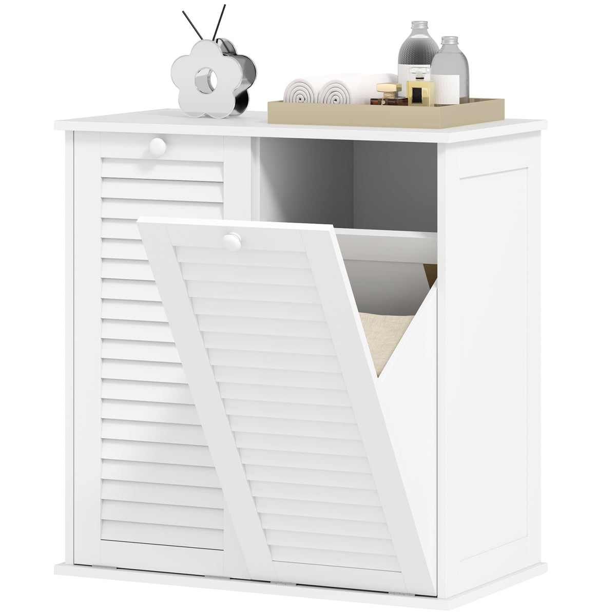 Waskast – Wasmeubel – Wasopberger – Waskommode – Wasmandkast – 2 Uitklapbare Wasmanden – Dubbele Lattendeuren – Compact 70x38x73 cm – Wit