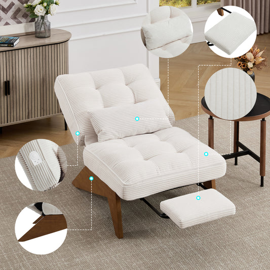 Loungestoel – Fauteuil – Relaxstoel – Zitzak – Tuinstoel – Verstelbare Rugleuning – Inclusief Voetenbank en Lendenkussen – Houten Poten – Ademend Stoffen Bekleding – Lichtbeige