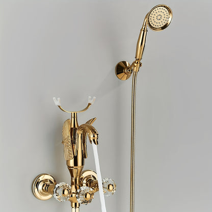 Gouden Badkraanset – Badkamerkraan – Mengkraan – Wandkraan – Douchekraan – Luxe Zwanen Design – Messing Met Kristallen Handvat – Inclusief Handdouche