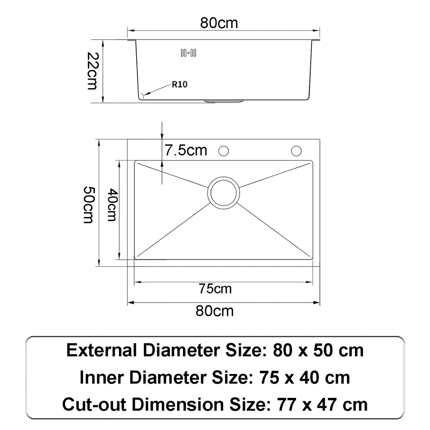 Stainless Steel Handmade Sink with Single Slot, Black Honeycomb Embossed Sink, Countertop Sink with Pull-Out Faucet, Soap Dispenser, Drain Basket, And Drainage Kit 80X50Cm