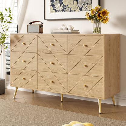 Ladenkast – Ladekast – Ladenkast – Ladekastje – Commode – 9 Lades – Stevige IJzeren Poten – Retro Geometrisch Patroon – Volledig Voorgemonteerd – Warme Bruintinten