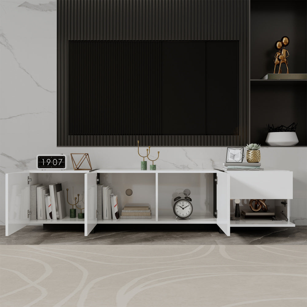 tv-meubel – tv-kast – tv-dressoir – media meubel – entertainment unit – modern wit design – duurzaam materiaal zonder hout – met zwarte poten – veel opbergruimte – minimalistisch – eenvoudig te monteren