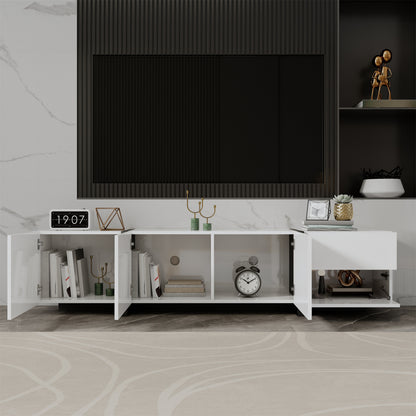 tv-meubel – tv-kast – tv-dressoir – media meubel – entertainment unit – modern wit design – duurzaam materiaal zonder hout – met zwarte poten – veel opbergruimte – minimalistisch – eenvoudig te monteren