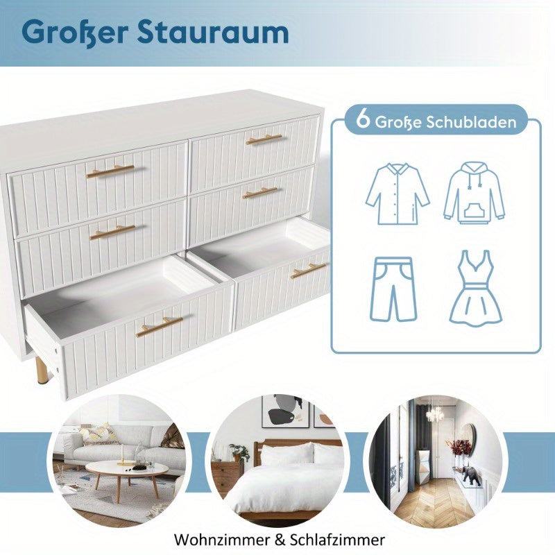 6-Laden Metaalkommode – Dressoir – Ladekast – Opbergkast – Sideboard – Wit Met Gouden Accenten – 120 cm Breedte – Zonder Montage