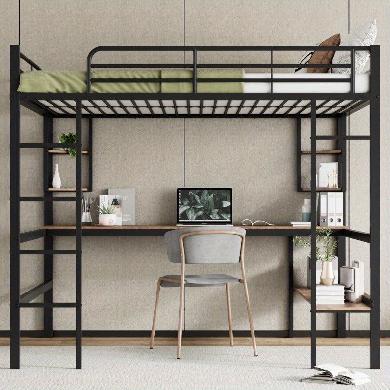 Hoogslaper – Metalen Bed – Stapelbed – Loftbed – Werkplek Bed – Ingebouwd Bureau – Opbergrekken – Stevige IJzeren Constructie – Ruimtebesparend Ontwerp