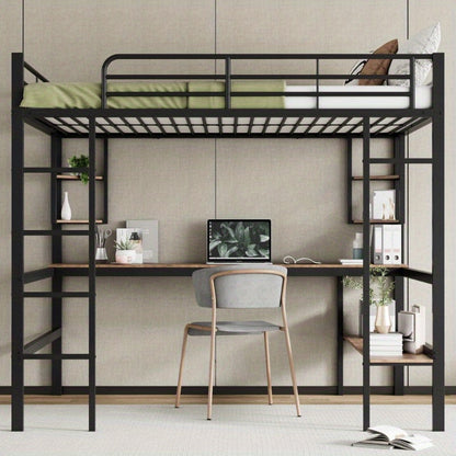 Hoogslaper – Metalen Bed – Stapelbed – Loftbed – Werkplek Bed – Ingebouwd Bureau – Opbergrekken – Stevige IJzeren Constructie – Ruimtebesparend Ontwerp