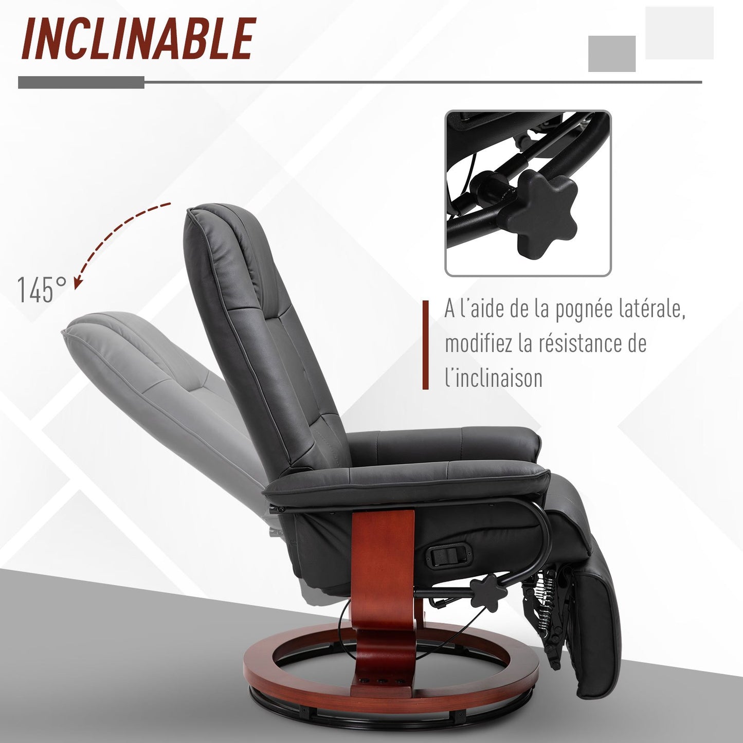 Relaxfauteuil – Relaxstoel – Draaifauteuil – Zwarte Relaxstoel – Fauteuil Zwart – Verstelbare Rugleuning Tot 145° – 360° Draaibare Basis Met Houten Voet